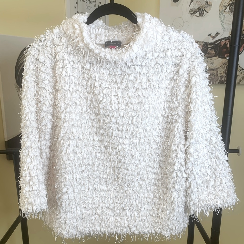 NWT VINCE CAMUTO Eyelash Fringe Popcorn Sweater in Ivory, Size Medium - Picture 5 of 6